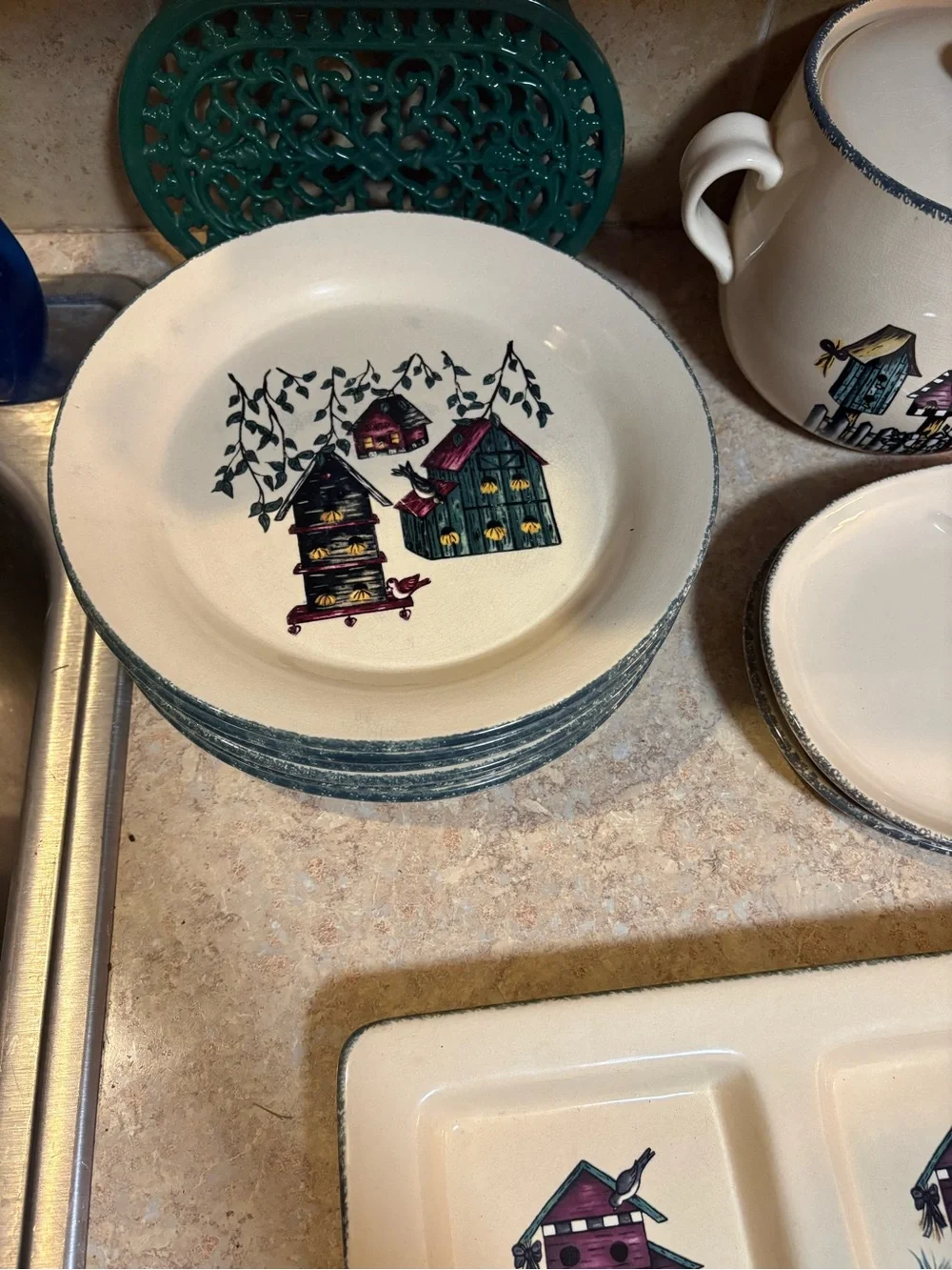 Birdhouse Home & Garden Party Ceramic Dinnerware Set with Cottage Motif -